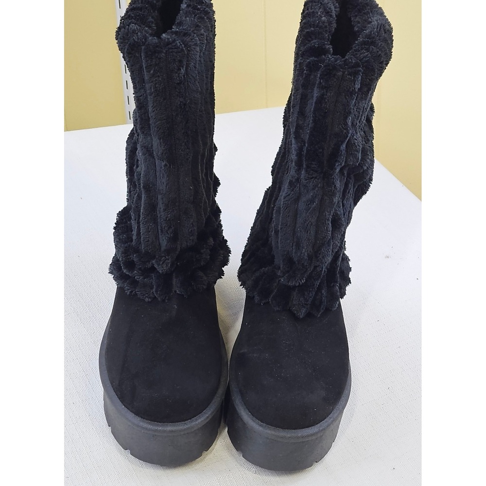 Carlkarida Womens Black Platform Faux Fur Ribbed Winter Boots Size 11
